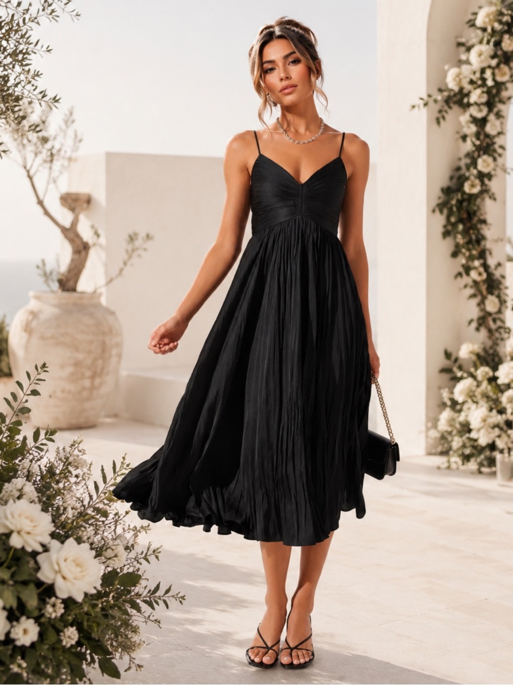 Abercrombie & Fitch Black Pleated Midi Dress NWT XXS Elegant Flowy Party Wedding